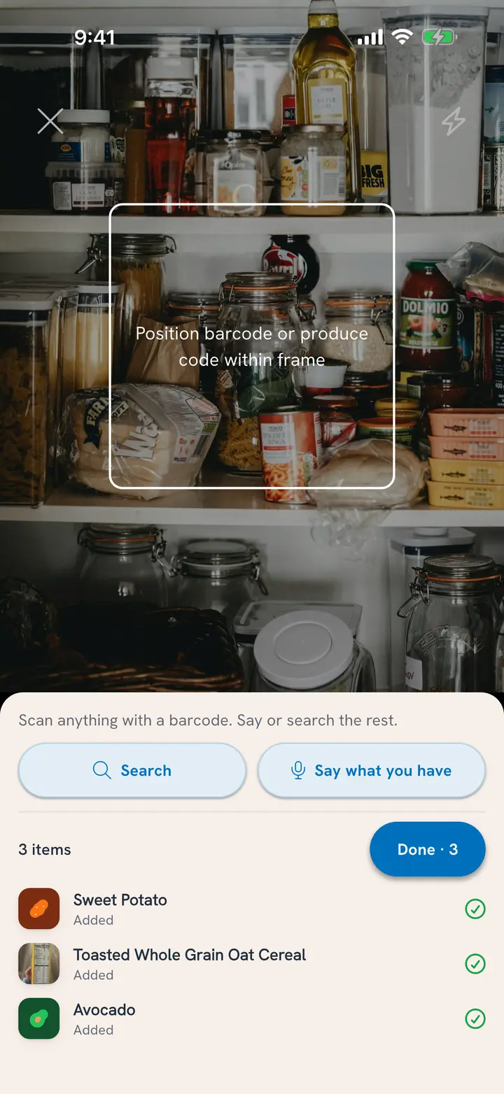 Scan Multiple Items: the scanner with Search and Say what you have below it, and three foods just added