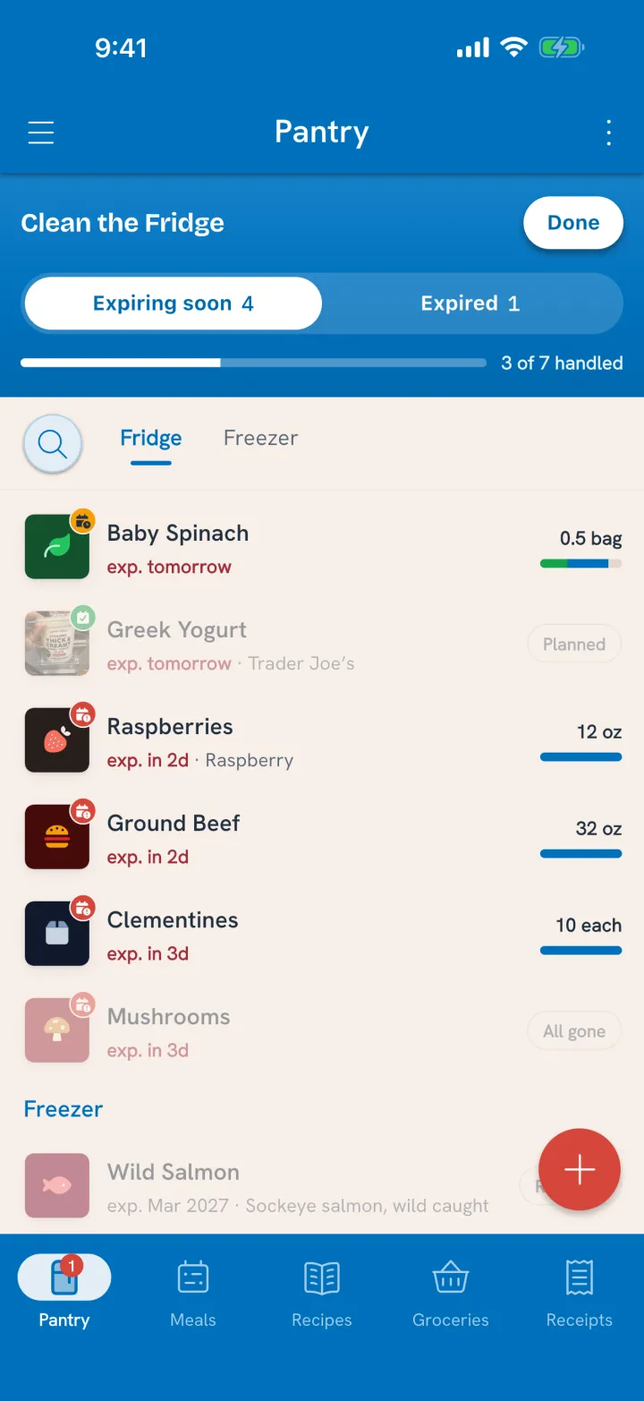Clean the Fridge on Expiring soon: 3 of 7 handled, each item planned, moved or marked All gone