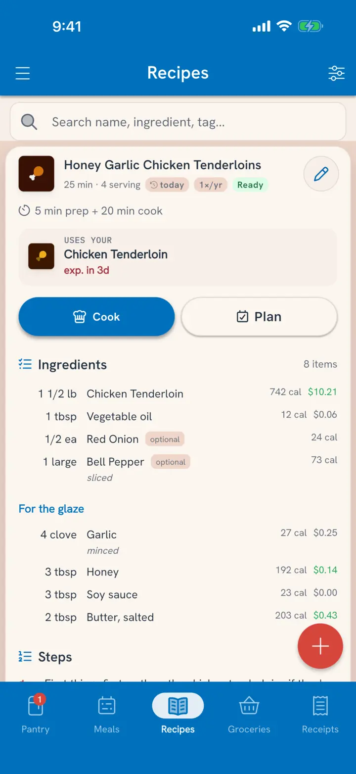 Honey Garlic Chicken Tenderloins opened in the recipe list: uses your chicken tenderloin expiring in 3 days, with Cook, Plan and each ingredient's cost