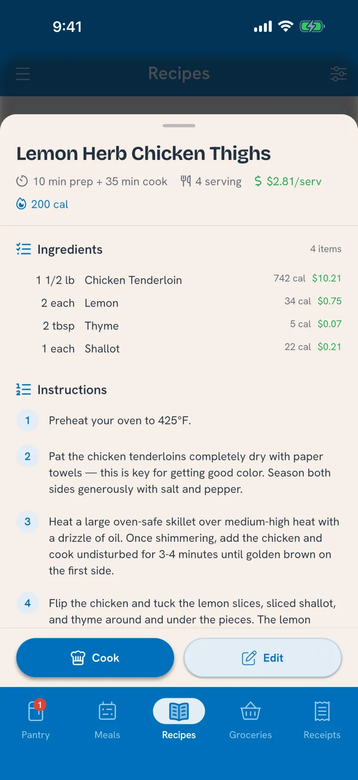 Lemon Herb Chicken Thighs: ingredients with cost and calories, ready to cook