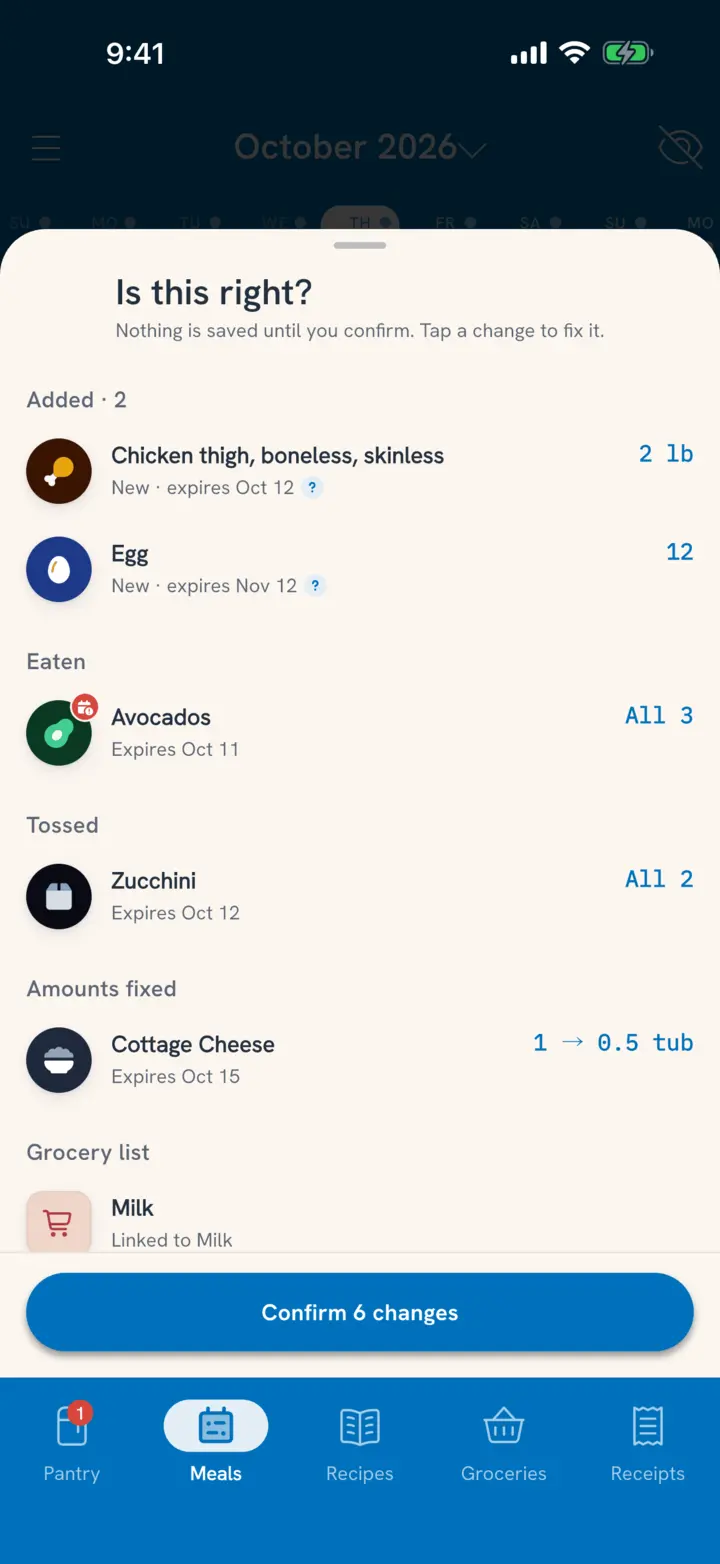Is this right? One spoken sentence becomes pantry changes: chicken thighs and eggs added, avocados eaten, zucchini tossed, milk on the grocery list