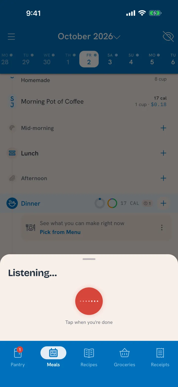Talk to Tuna listening over the Meals timeline, with a red mic button to tap when you're done